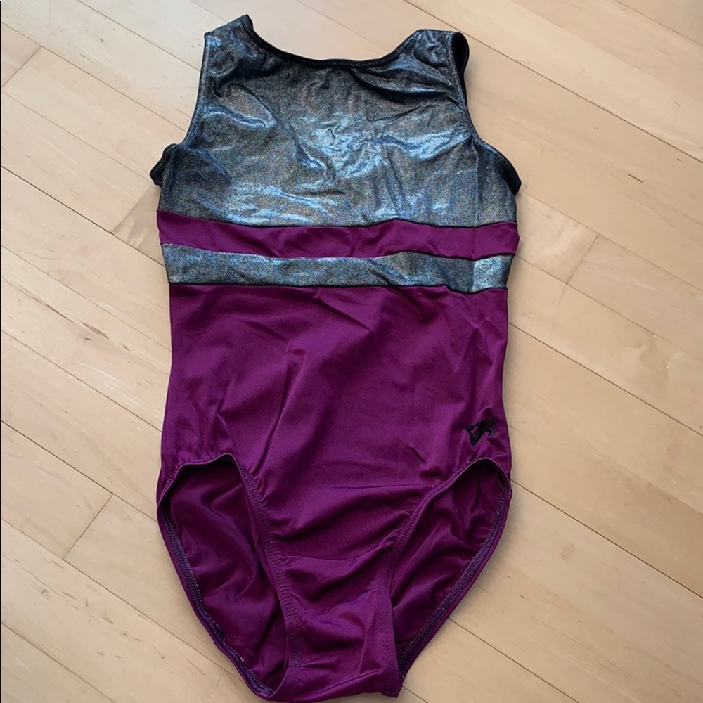 GK purple and silver gymnastics leotard